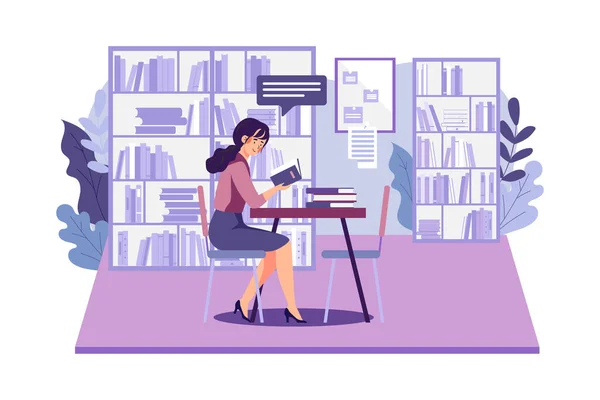 Girl Reading Book Library Illustration Concept White Background — Stockvektor