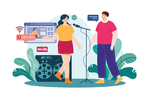 Couple Microphone Works Live Recording Illustration Concept Flat Illustration Isolated — Stock vektor