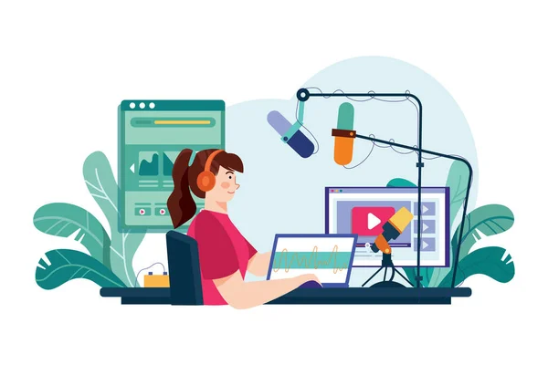 Woman Editing Podcast Studio Illustration Concept Flat Illustration Isolated White — ストックベクタ