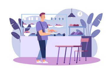 Boy collecting food from school food canteen Illustration concept on white background