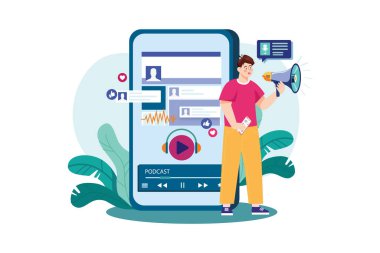 Man promoting podcast through the social media platform Illustration concept. Flat illustration isolated on white background