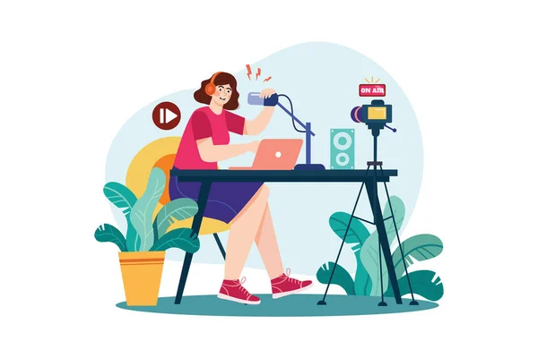 Woman Speaking Microphone While Recording Video Illustration Concept Flat Illustration — Stock vektor