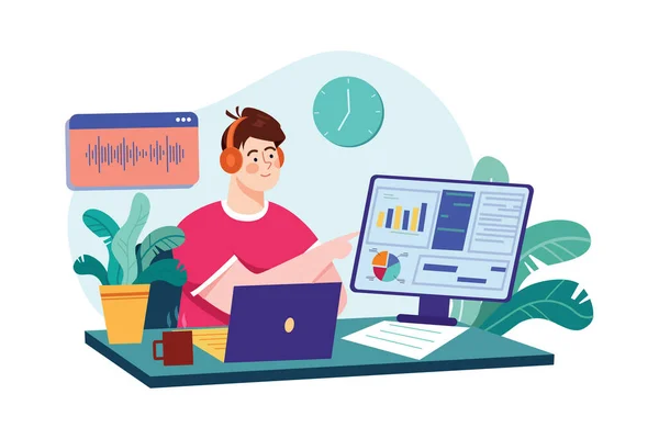 Man Listening Podcast While Working Illustration Concept Flat Illustration Isolated — Stock Vector