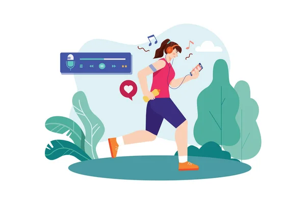 Woman Listening Podcast While Jogging Illustration Concept Flat Illustration Isolated — Stock Vector