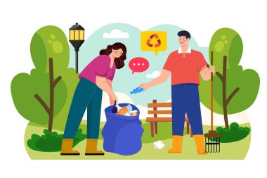 People cleaning the trash in the park Illustration concept on white background