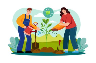 Team of volunteers planting trees in the park Illustration concept on white background