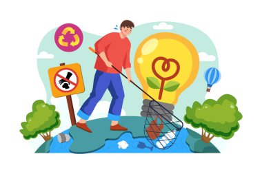 Man with a net catches floating plastic from the river Illustration concept on white background