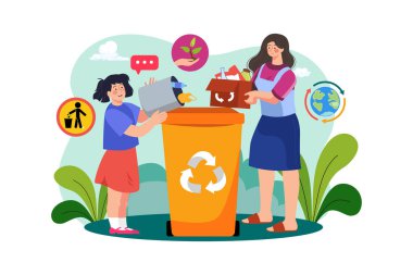 Mother and daughter collecting waste Illustration concept on white background
