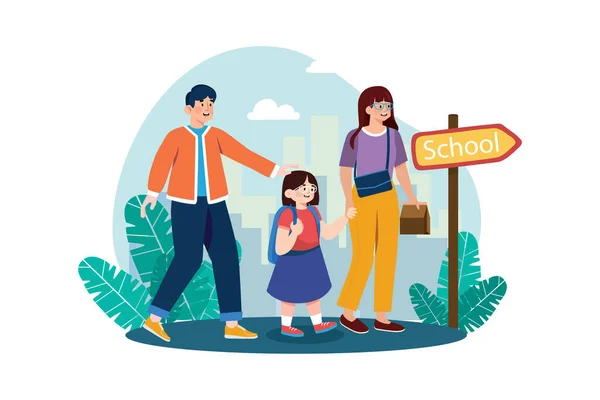 Parents Take Children School Illustration Concept White Background — Stockvektor