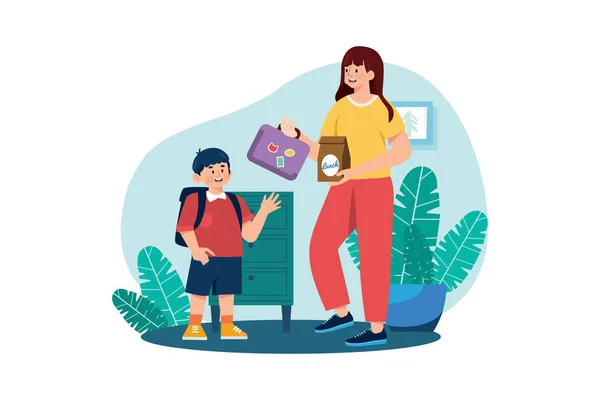 Mother Giving Lunchbox Her Son Illustration Concept White Background — Archivo Imágenes Vectoriales