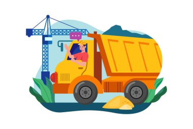 Truck driver rising hand while sitting in construction truck