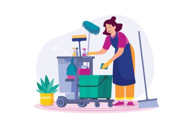 Female cleaning worker with cleaning equipment