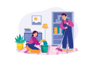 Cleaning worker with bucket and broom