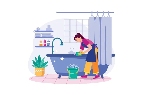 Female Cleaner Scrubbing Bathroom - Stok Vektor