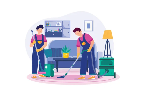Male Worker Doing Vacuum Cleaning Clean Floor Living Room — Stock Vector