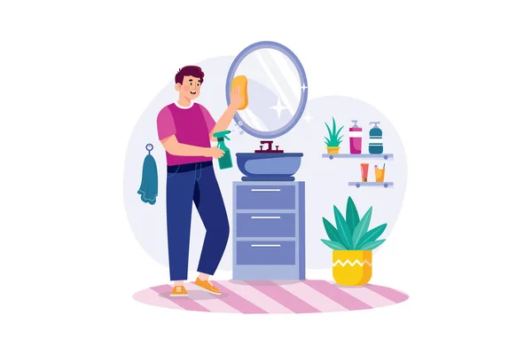 Man Cleaning Mirror Bathroom — Vetor de Stock