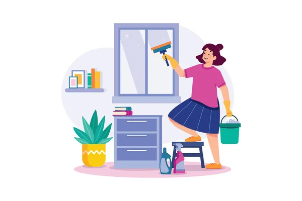 Woman Doing Window Cleaning Cleaning Equipment — Vector de stock