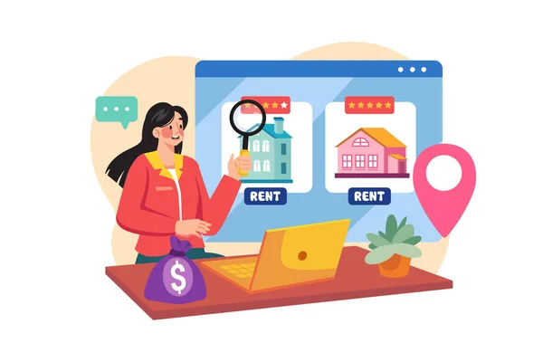 Woman Finding House Rent Online — 스톡 벡터