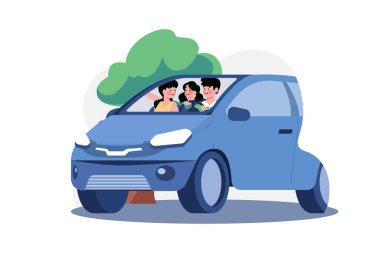Young family sitting in a car with