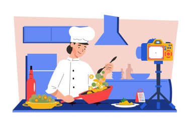 Girl blogger making video content for a food blogger Illustration concept on white background