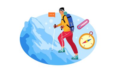 Man character hike high in mountains in winter Illustration concept on white background