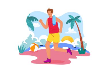 Strong male jogging on a beach near the ocean Illustration concept on white background