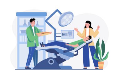 Erkek dişçi ve hemşire klinikte hastanın dişlerini inceliyor.