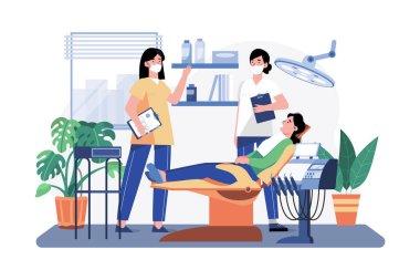 Diş hekimi, hastanın dişlerini kontrol ediyor.