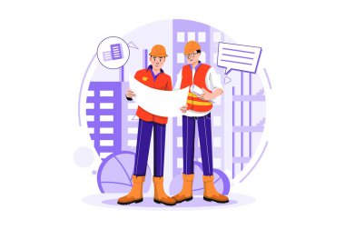 Construction workers discussing on building plan