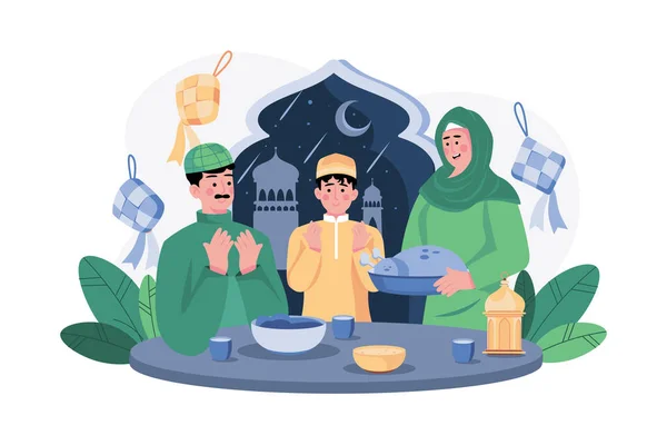 Muslimische Familie Beim Eid Gebet Beim Abendessen — Stockvektor