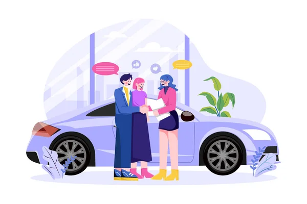 Happy Customers Couple Handshaking Manager Auto Salon —  Vetores de Stock