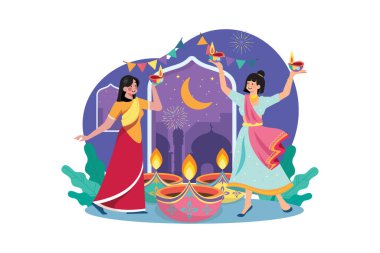 Diwali Kutlama Çizimi konsepti. Beyaz arkaplanda izole edilmiş düz bir illüstrasyon