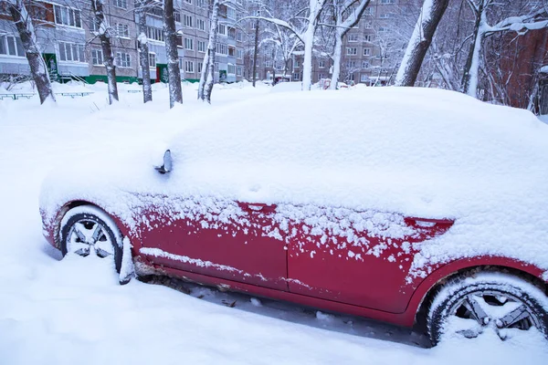 Red Car Snow Heavy Snowfall Parked Winter Town Street Courtyard — Stock Photo, Image