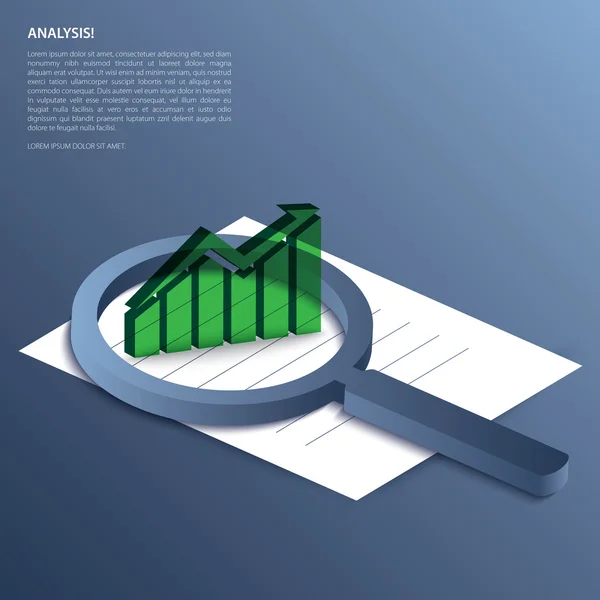 Analysis. Magnifying glass with graph-up on paper. Vector. — Stock Vector