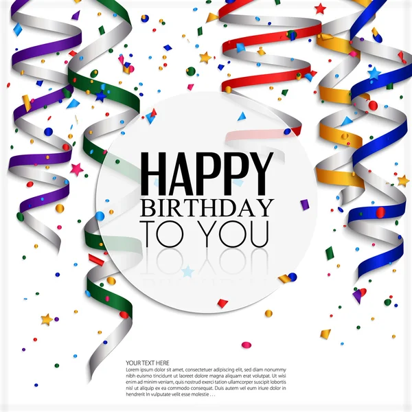 Tarjeta de cumpleaños con rizo, confeti y texto de cumpleaños . — Vector de stock