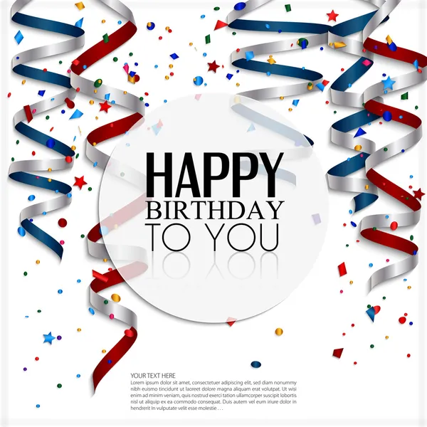 Tarjeta de cumpleaños con rizo, confeti y texto de cumpleaños . — Vector de stock