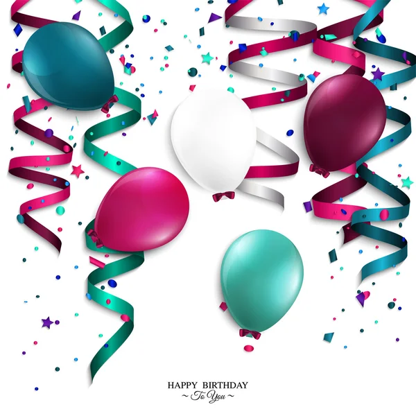 Carte d'anniversaire vectorielle avec flux de curling, confettis, ballons et texte d'anniversaire . — Image vectorielle