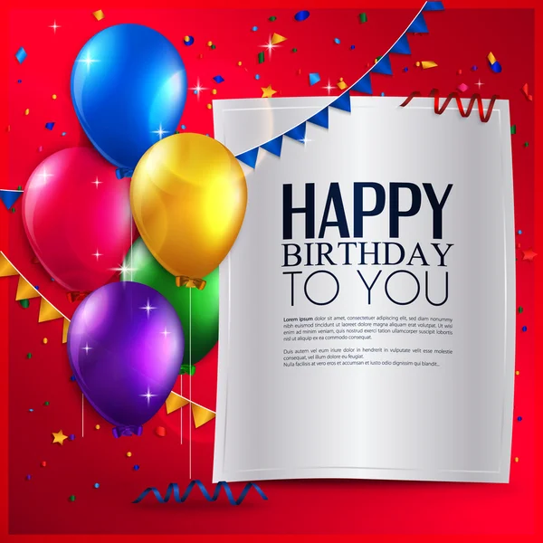 Vector birthday card with balloons, and birthday text on red background. — Stock Vector