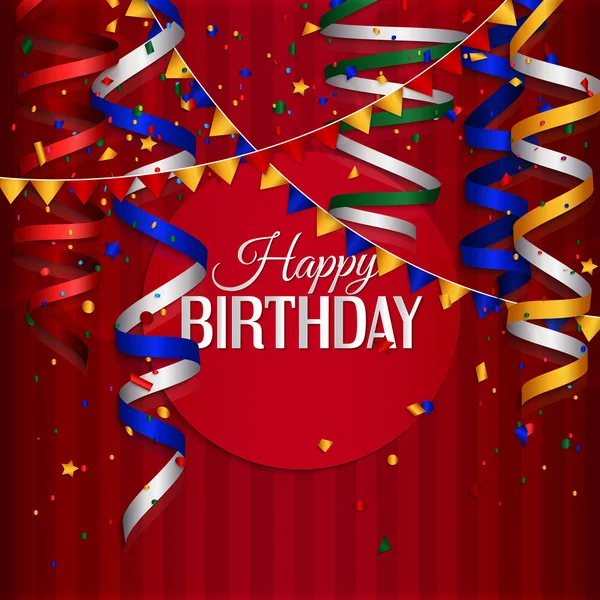Tarjeta de cumpleaños vectorial con rizo, confeti y texto de cumpleaños . — Vector de stock