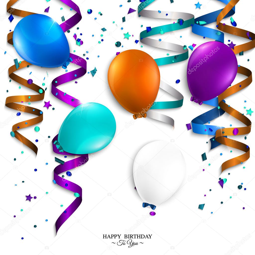 Vector birthday card with curling stream, confetti, balloons, and birthday text.