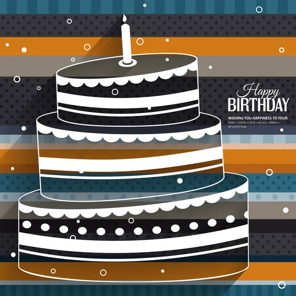Vector birthday card with cake on stripes colorful background. — Stock Vector
