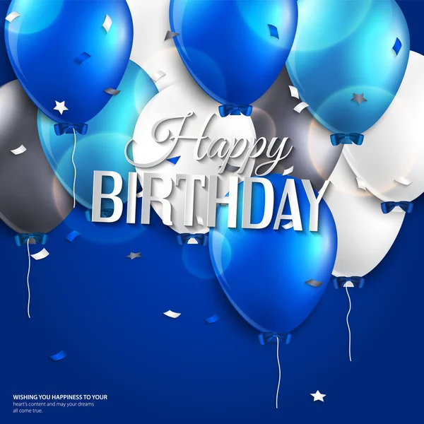 Karty urodziny wektor z balonów i tekst urodziny na niebieskim tle. — Wektor stockowy