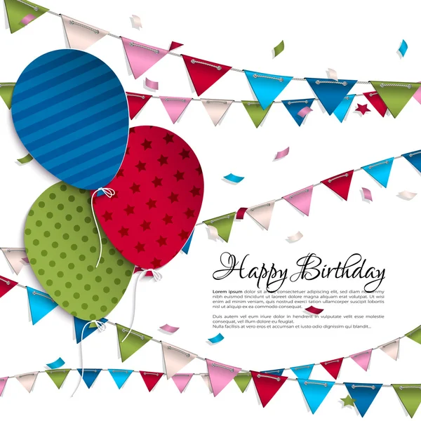 Tarjeta de cumpleaños vectorial con globos y banderas de bunting . — Vector de stock