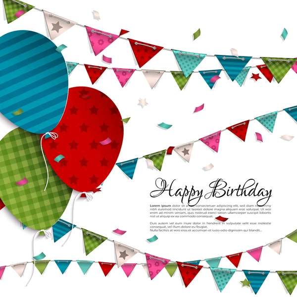 Vector birthday card with balloons and bunting flags. — Stock Vector