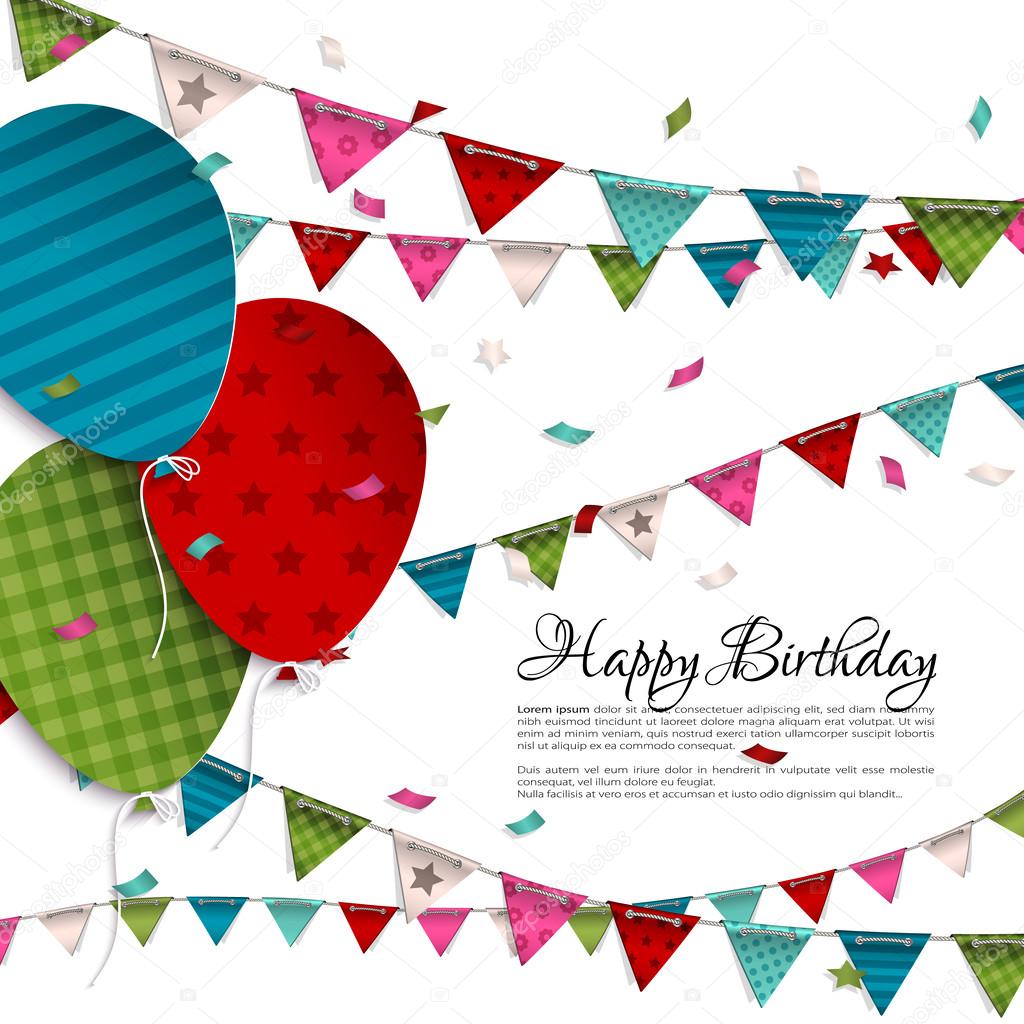 Vector birthday card with balloons and bunting flags.