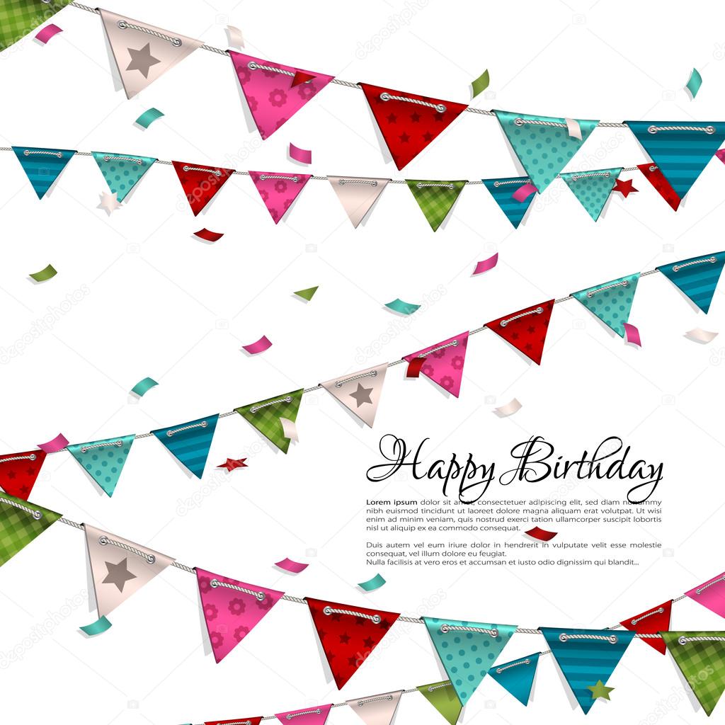 Vector birthday card with confetti and bunting flags.