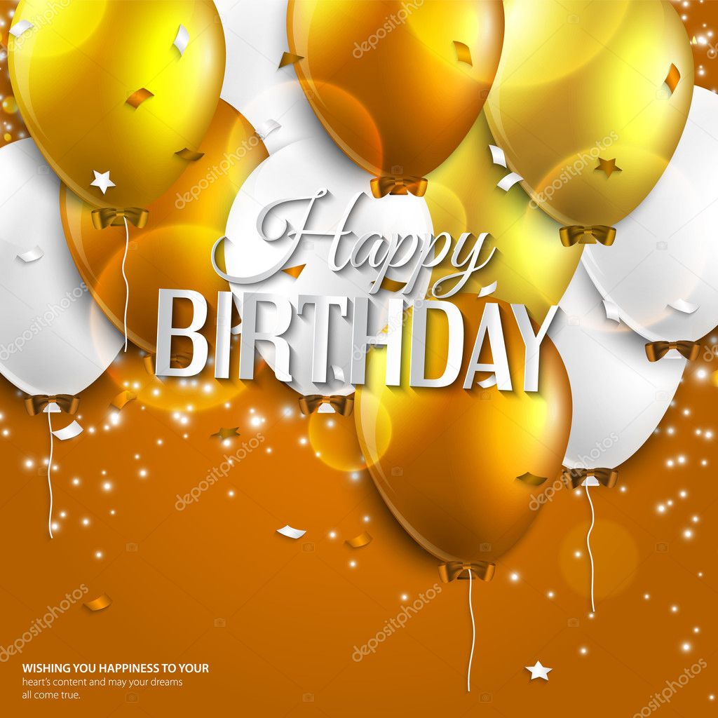 Vector birthday card with balloons and birthday text on orange background.