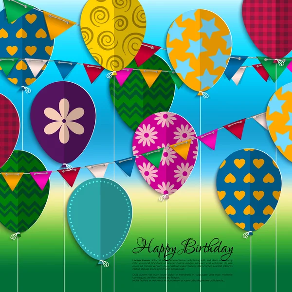 Vector birthday card with paper balloons, bunting flags and birthday text. — Stock Vector