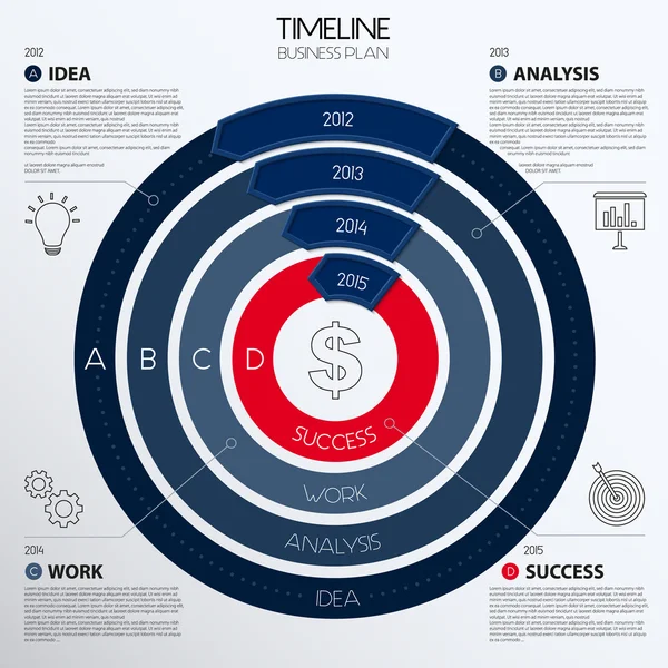 Vektorový infographic časová osa ukazuje podnikatelský plán s ikonami. — Stockový vektor