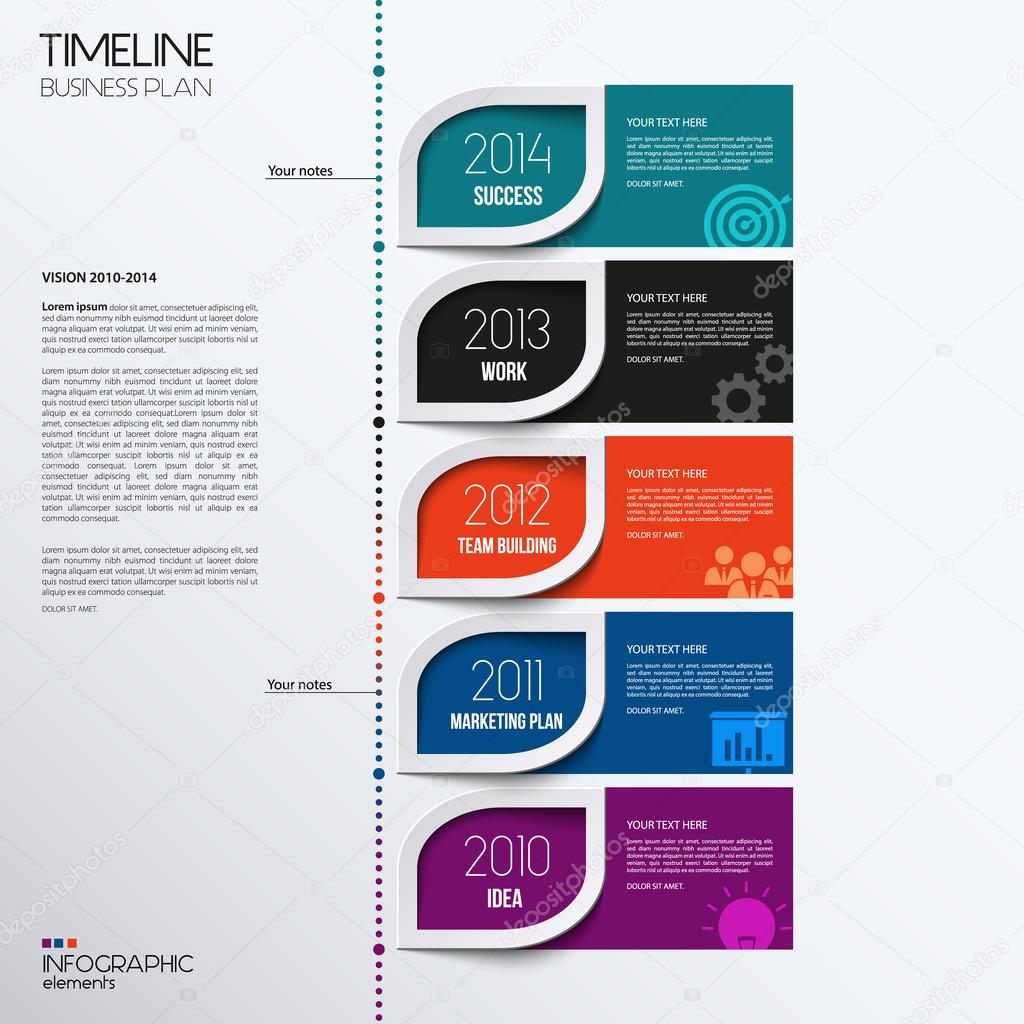 Vector infographic timeline showing business plan with icons.